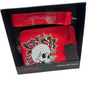 Ed Hardy Beltbag w/Charms Studded Tattoo Skull Hearts Roses NEW GIFT BOX Red
